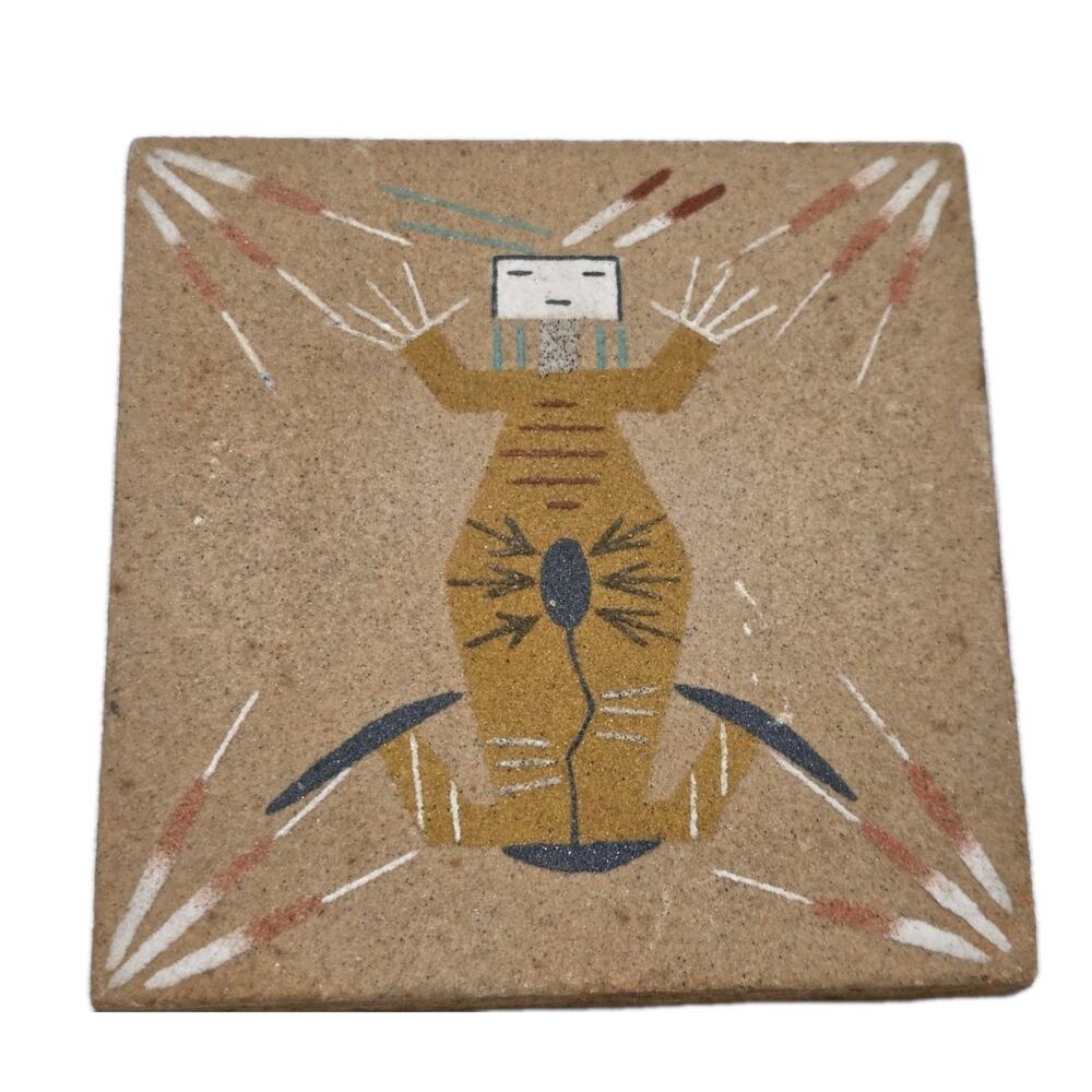 Vintage NAVAJO Sand Painting Signed 4.5" Authentic Southwestern USA Mother Earth